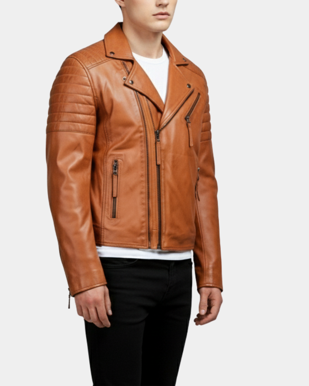 Mens Biker Leather Jacket Dual Zip Dynamo Tan
