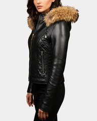 Women's Detachable Hoodie Biker Leather Jacket Lily Nova Black