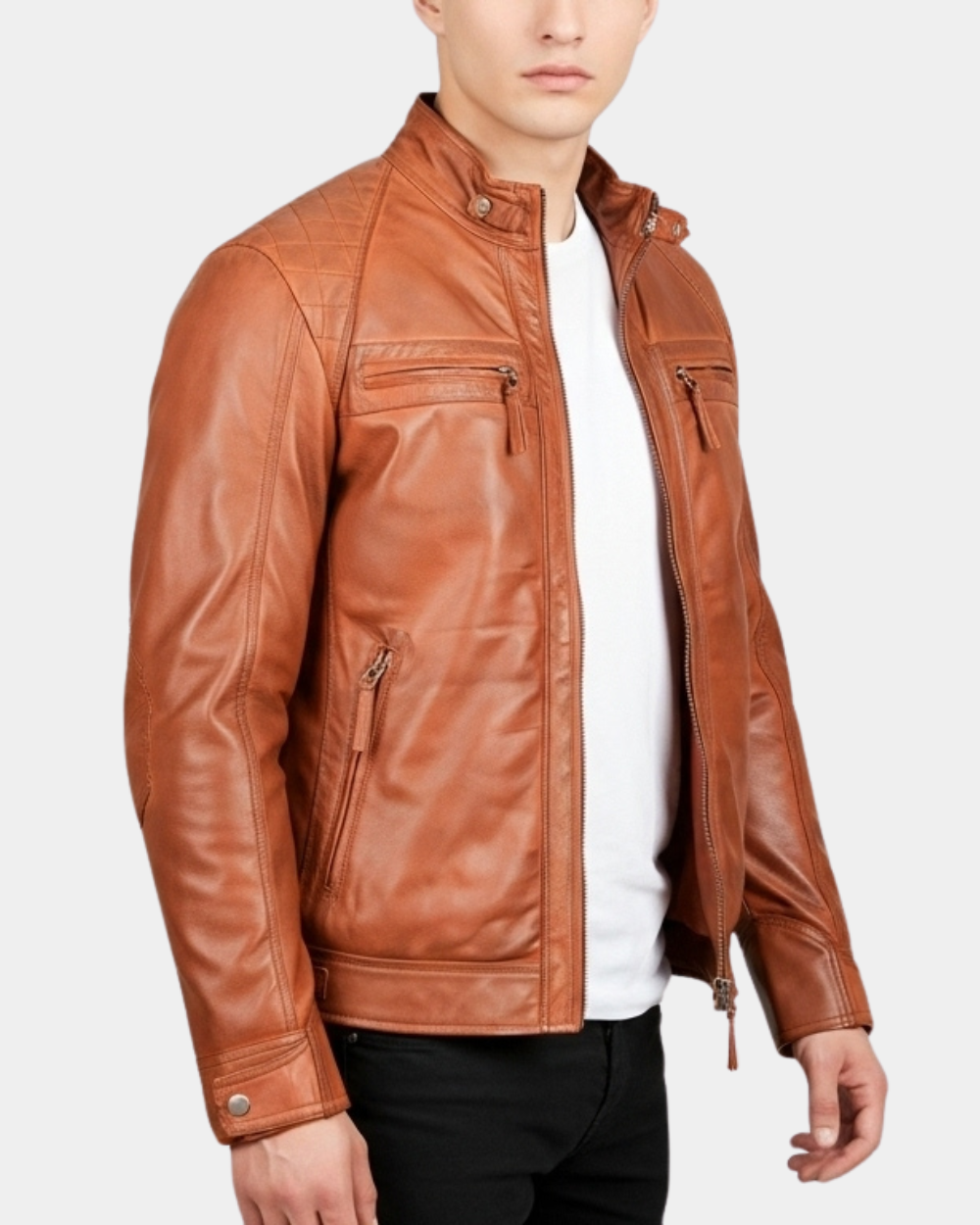 Men’s Biker Leather Jacket with Standing Collar  Bowie Dynamo Tan