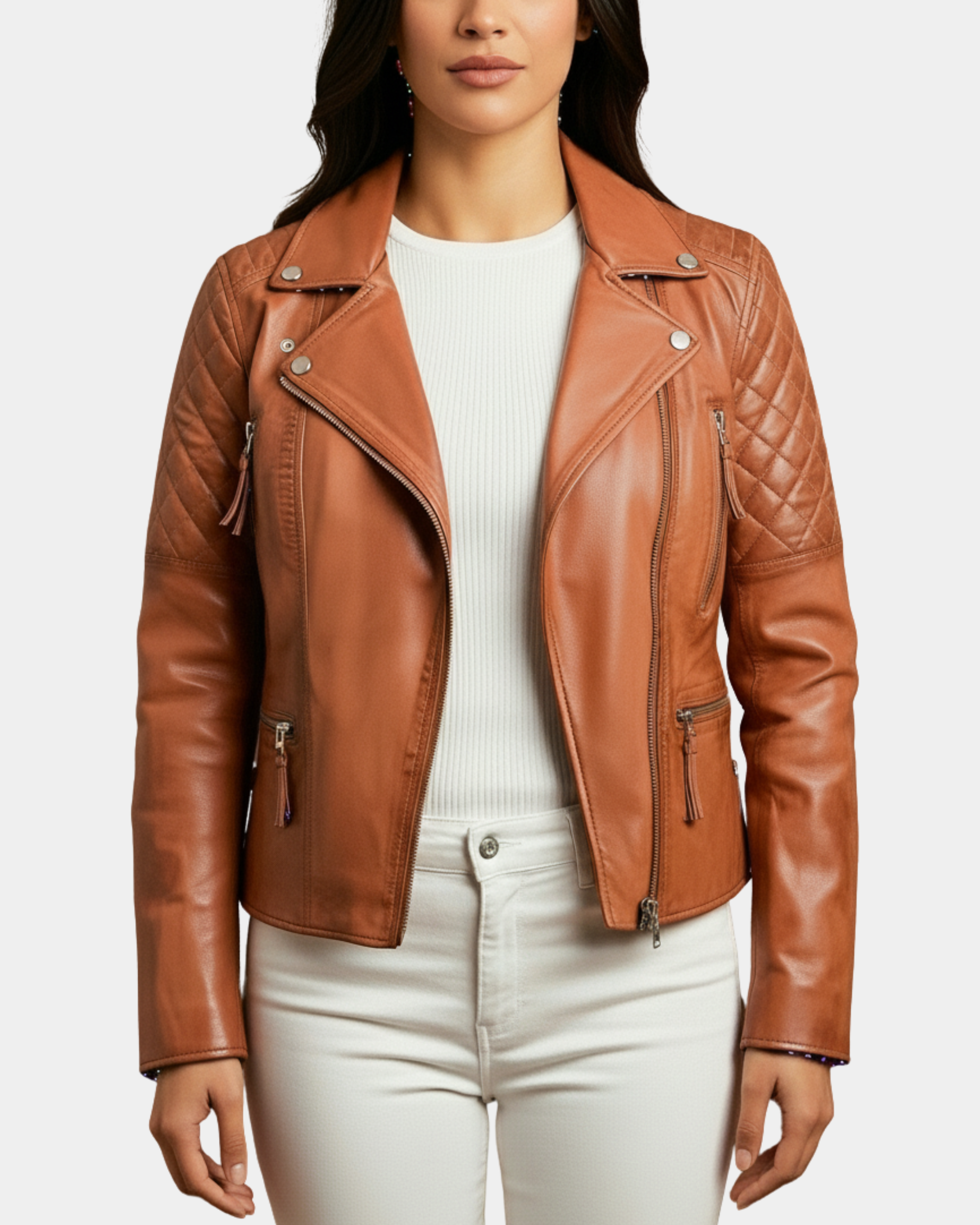 Women's Cross Zip Biker Leather Jacket Claudia Celestial Cognac