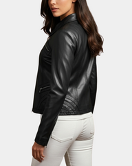 Women's Classic Leather Biker Zip Box Jacket Nova Black
