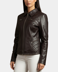 Women's Classic Leather Biker Zip Box Jacket Zenith Brown
