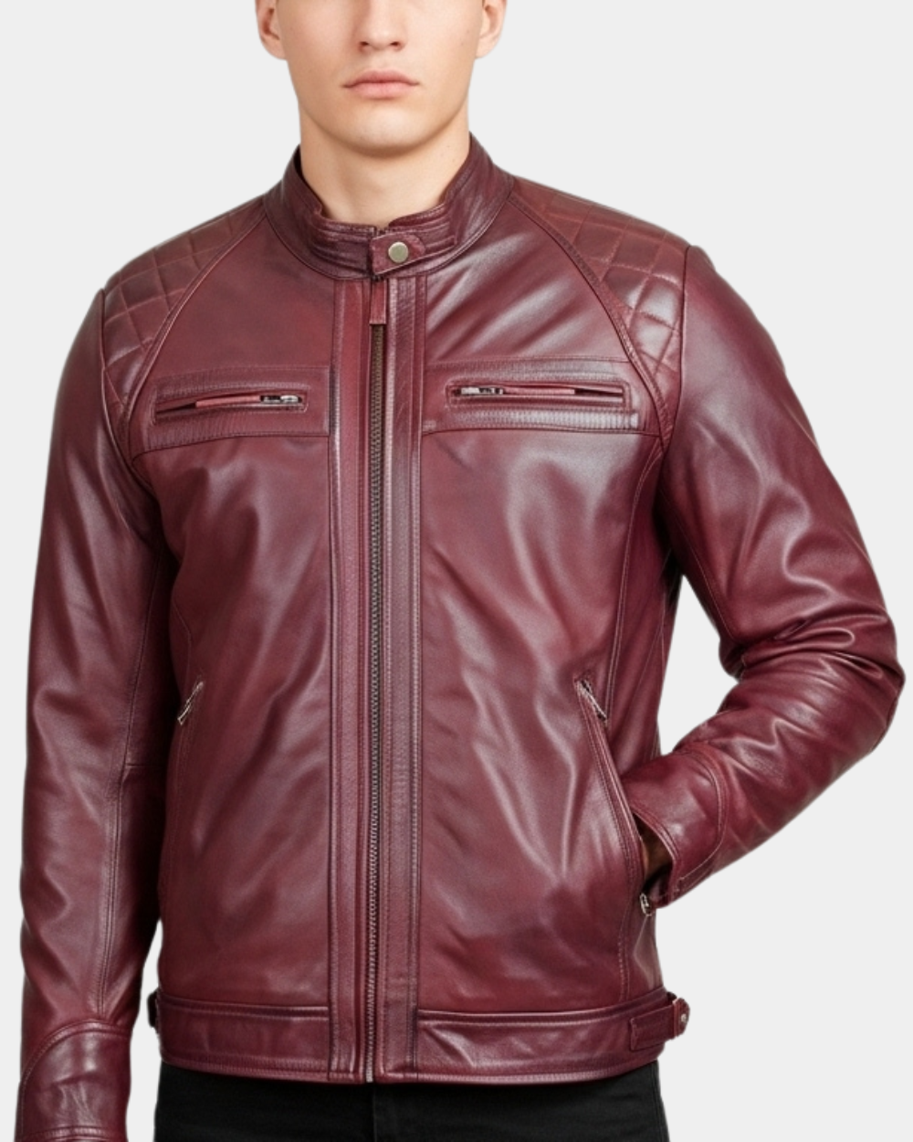 Men’s Biker Leather Jacket with Standing Collar  Infinite Burgundy