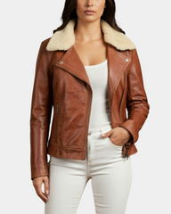 Women's Leather Biker Jacket with Detachable Collar Charmed Chestnut