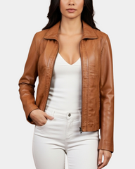 Women's Classic Zip Fastening Leather Jacket Julia Dynamo Tan