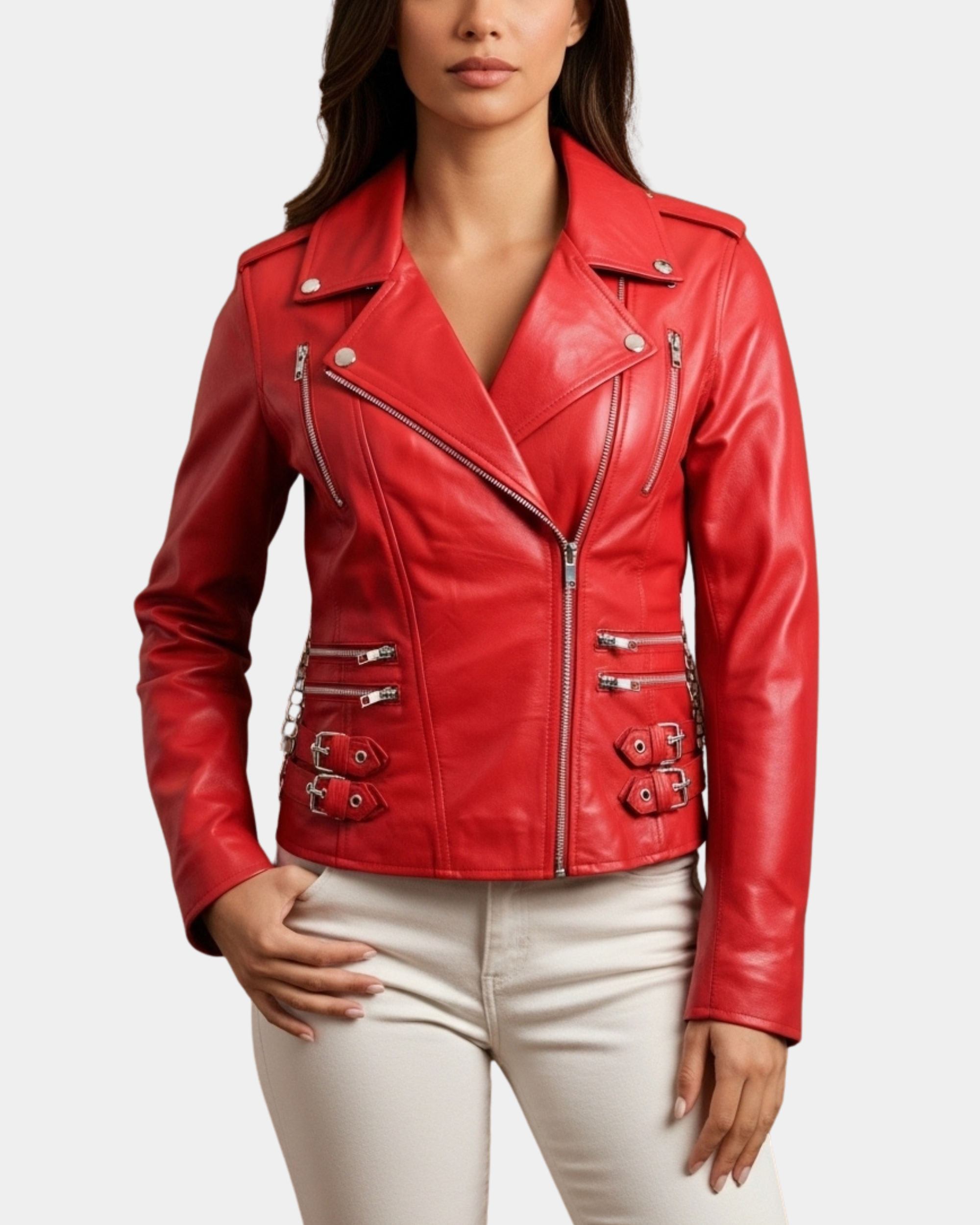 Women's Cross Zip Biker Leather Jacket Cara Ignite Red