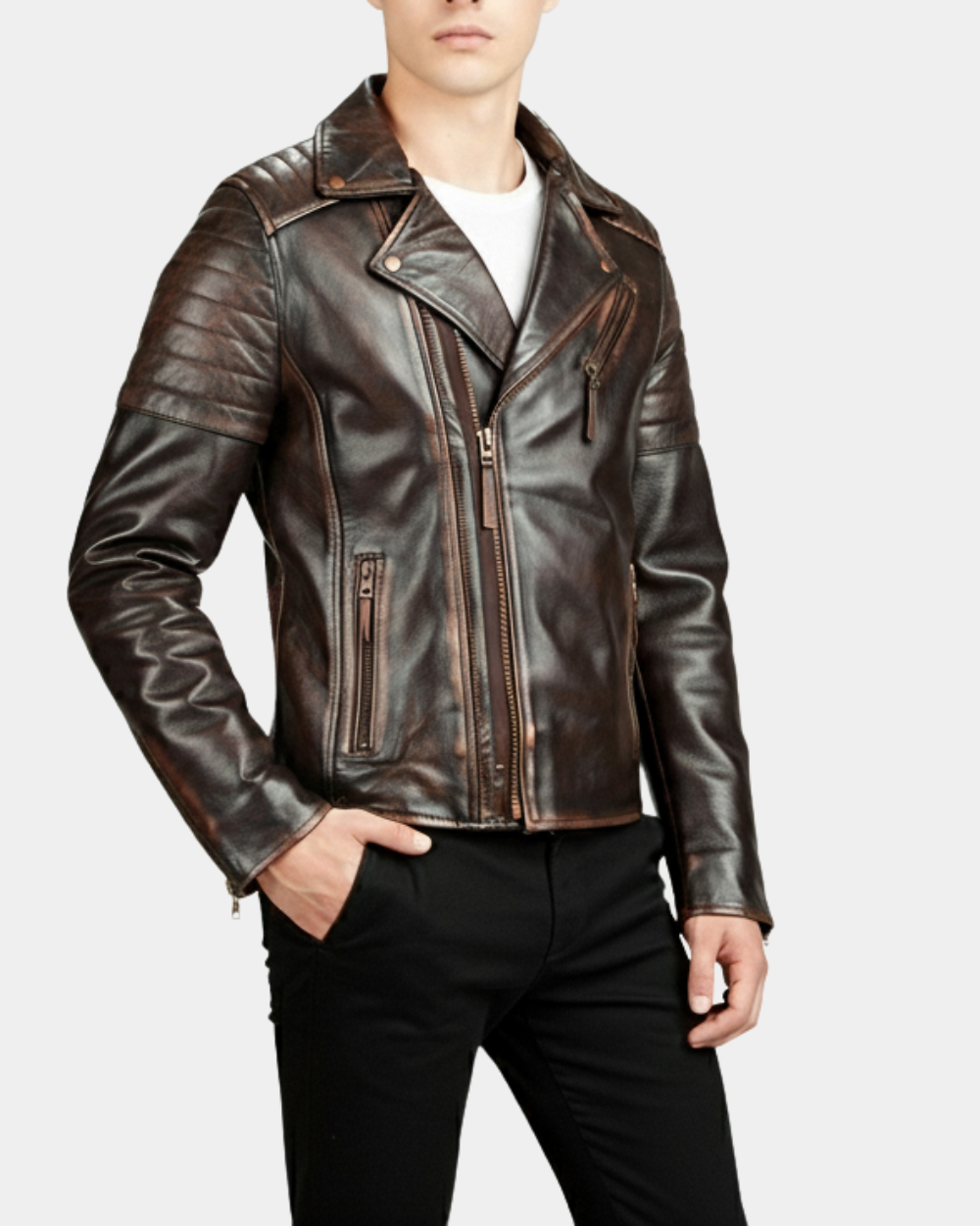 Men’s Biker Leather Jacket with Dual Zip Hook  Zenith Brown