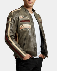 Men’s Biker Leather Jacket with Badges Zenith Brown