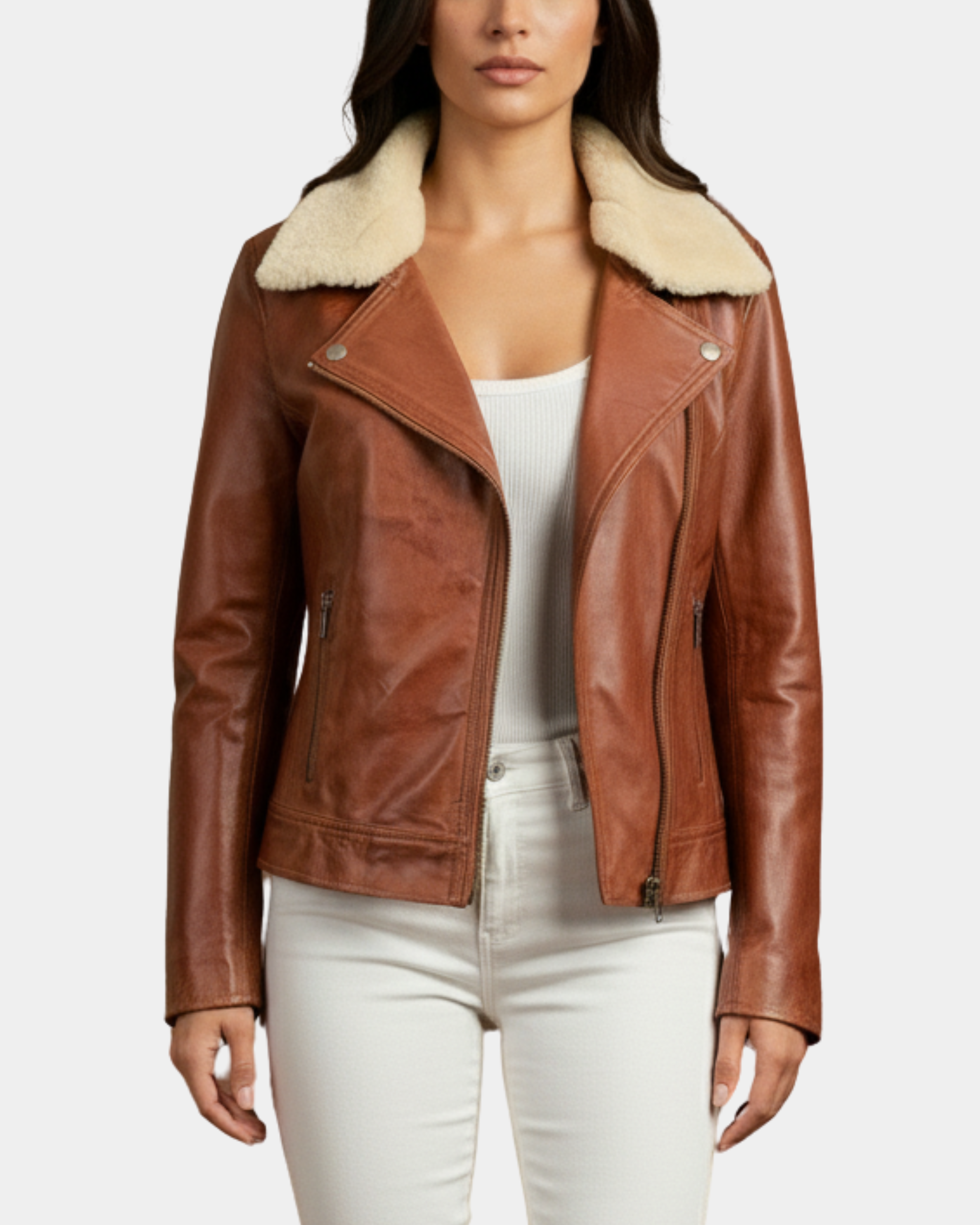 Women's Leather Biker Jacket with Detachable Collar Charmed Chestnut