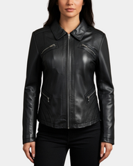 Women's Classic Leather Biker Zip Box Jacket Nova Black