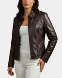Women’s Classic Leather Biker Zip Box Jacket – Zenith Brown – product view 1