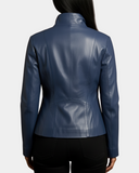 Women’s Classic Zip-Fastening Leather Jacket – Julia Radiant Blue – product view 2