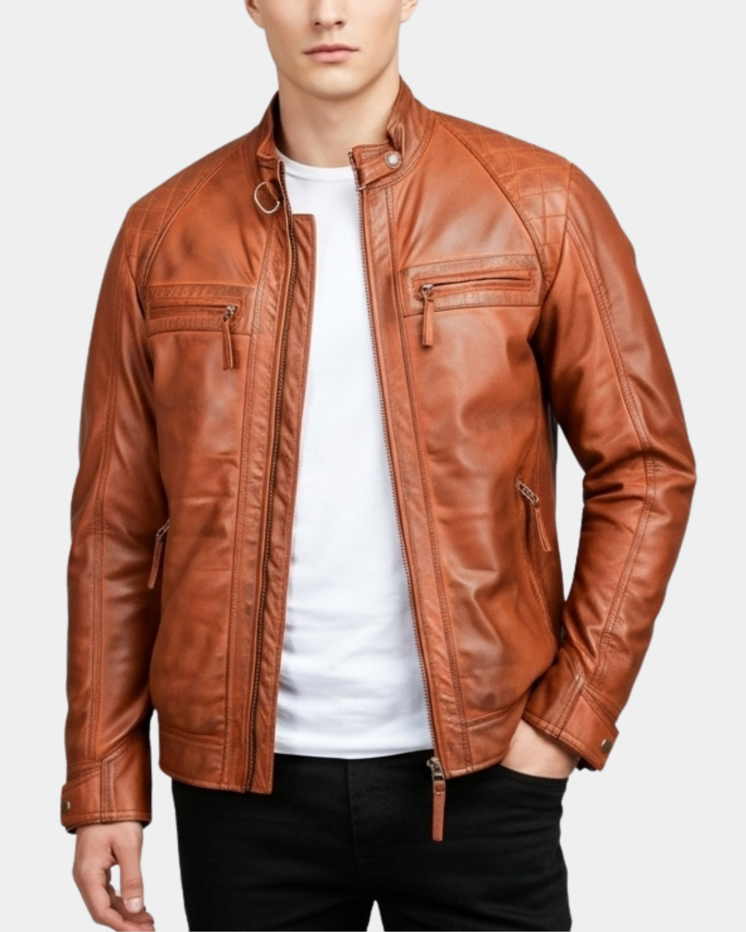 Men’s Biker Leather Jacket with Standing Collar  Bowie Dynamo Tan