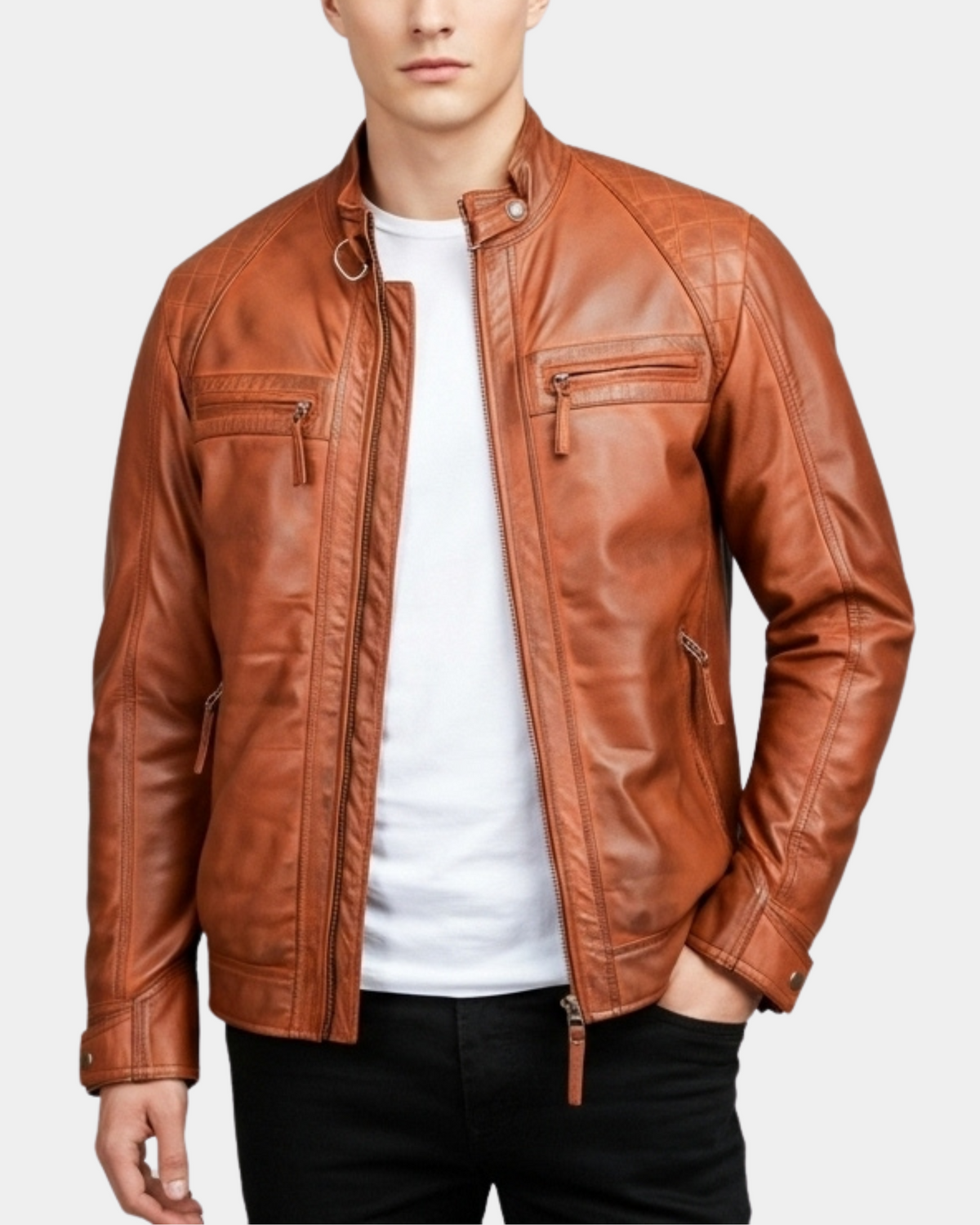 Men’s Biker Leather Jacket with Standing Collar  Bowie Dynamo Tan