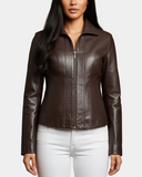 Women’s Classic Zip-Fastening Leather Jacket – Julia Zenith Brown – product view 3