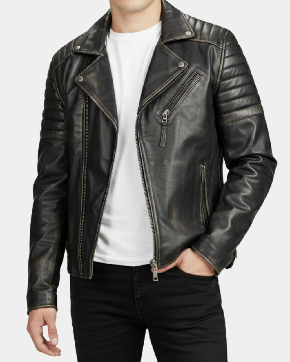 Men’s Biker Leather Jacket with Dual Zip Hook  Paradox Rub Off