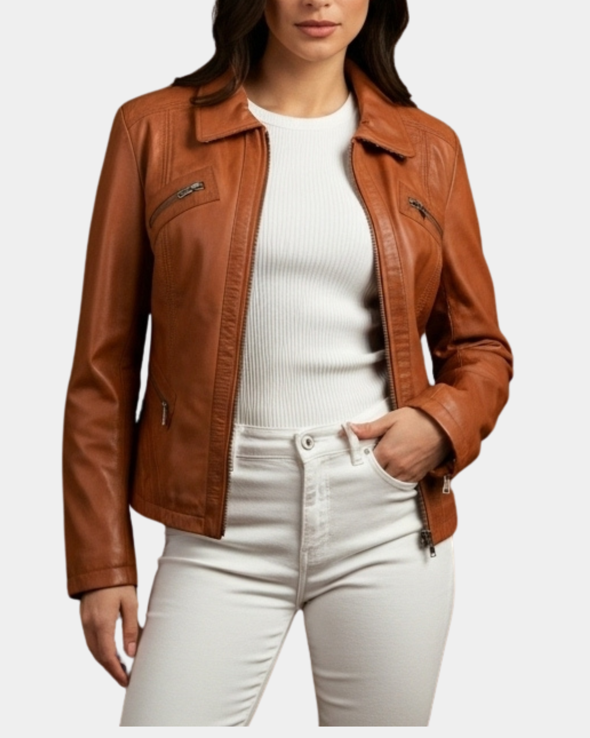 Women's Classic Leather Biker Zip Box Jacket Dynamo Tan