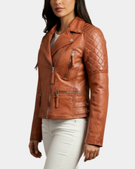 Women's Cross Zip Biker Leather Jacket Claudia Celestial Cognac