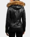 Women’s Detachable Hoodie Biker Leather Jacket – Lily Nova Black – product view 2