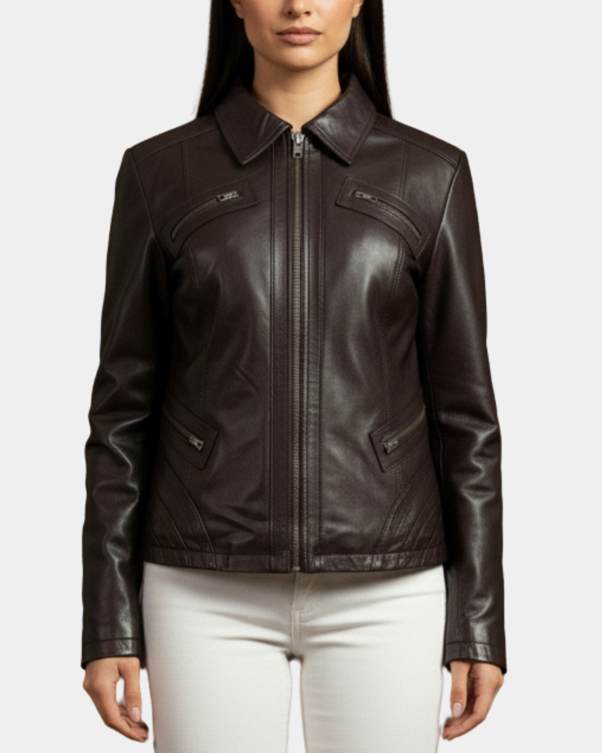 Women's Classic Leather Biker Zip Box Jacket Zenith Brown