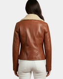 Women’s Leather Biker Jacket with Detachable Collar – Charmed Chestnut – product view 2