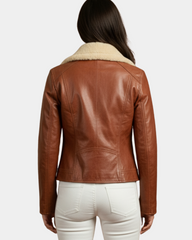 Women's Leather Biker Jacket with Detachable Collar Charmed Chestnut