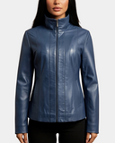 Women’s Classic Zip-Fastening Leather Jacket – Julia Radiant Blue – product view 3