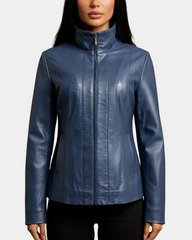 Women's Classic Zip Fastening Leather Jacket Julia  Radiant Blue