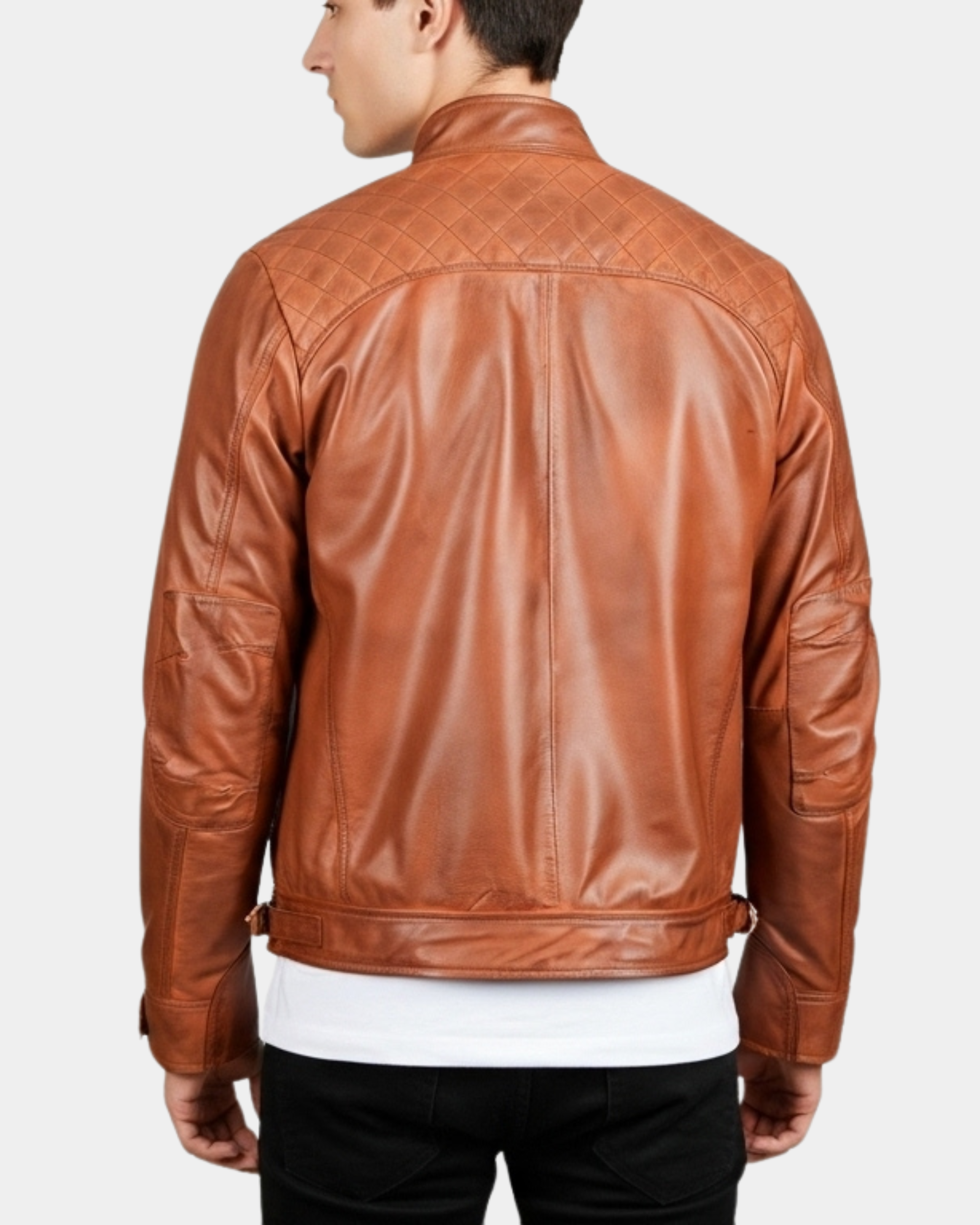 Men’s Biker Leather Jacket with Standing Collar  Bowie Dynamo Tan
