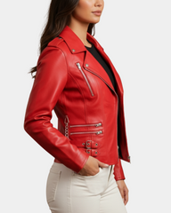 Women's Cross Zip Biker Leather Jacket Cara Ignite Red