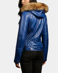 Women's Detachable Hoodie Biker Leather Jacket Lily Radiant Blue