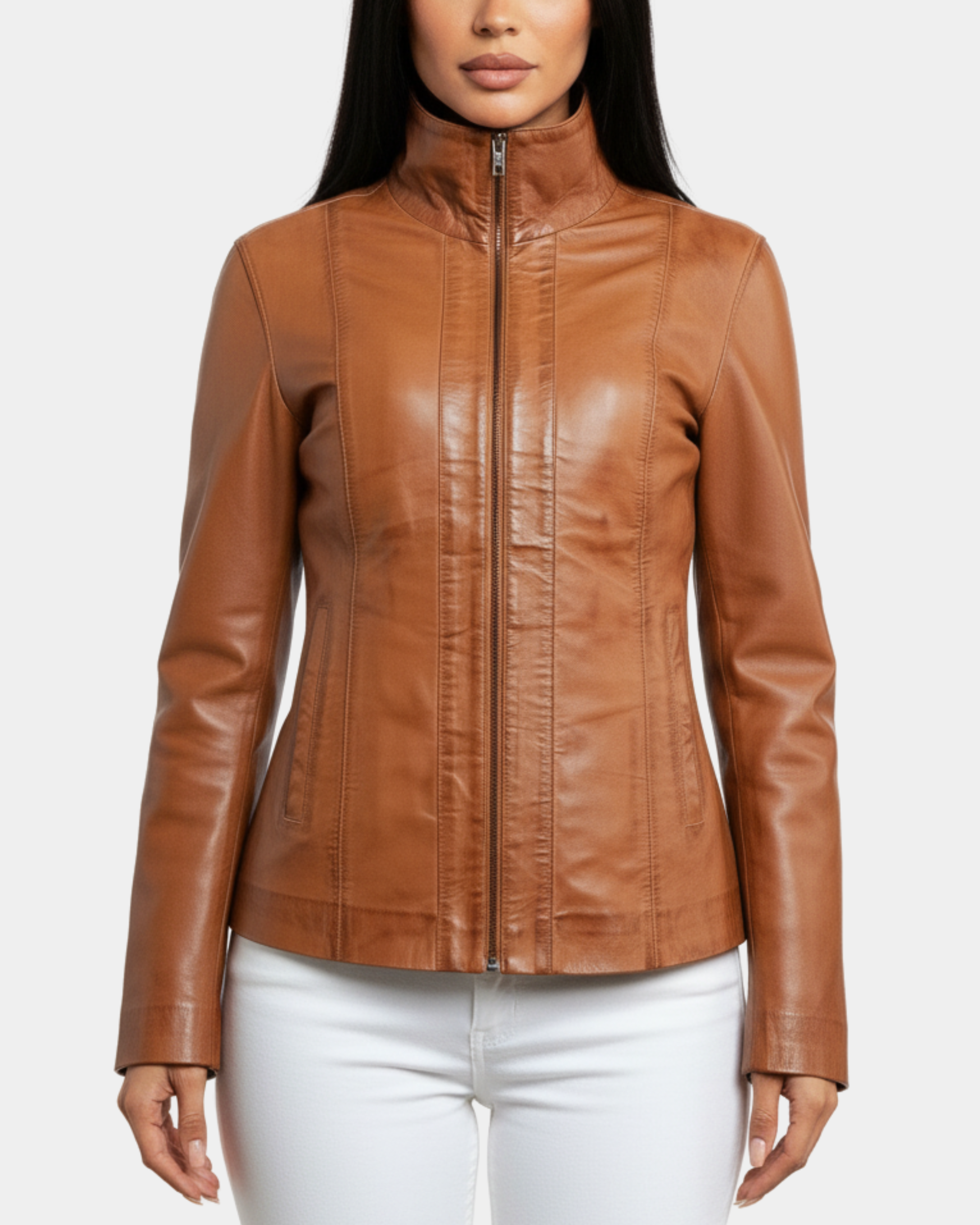 Women's Classic Zip Fastening Leather Jacket Julia Dynamo Tan