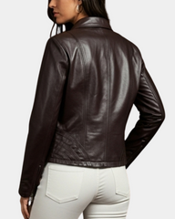 Women's Classic Leather Biker Zip Box Jacket Zenith Brown