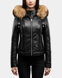 Women’s Detachable Hoodie Biker Leather Jacket – Lily Nova Black – product view 1