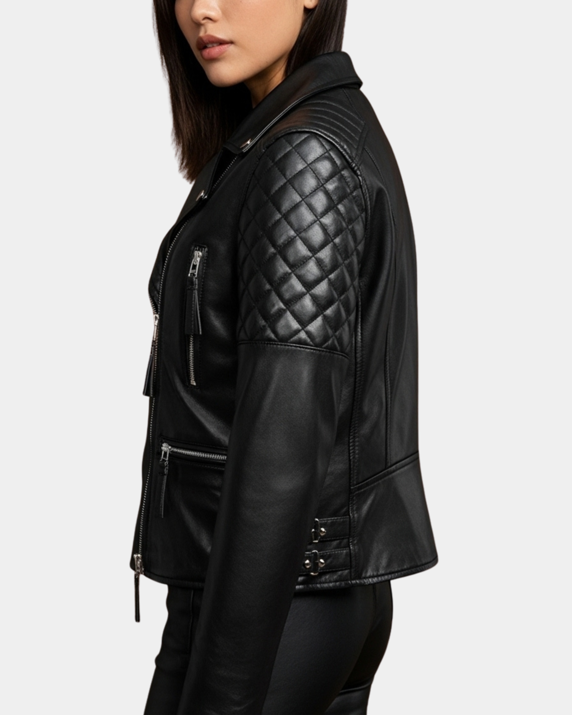 Women's Cross Zip Biker Leather Jacket Claudia Nova Black