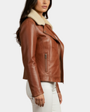 Women’s Leather Biker Jacket with Detachable Collar – Charmed Chestnut – product view 3