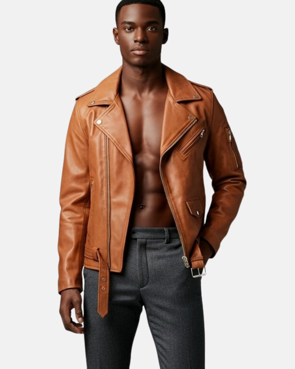 Men's Leather Biker Jacket Brando Style Johnny Dynamo Tan