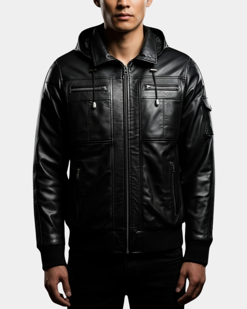 Men's Leather Bomber Jacket with Hoodie Bronx Nova Black – Lux