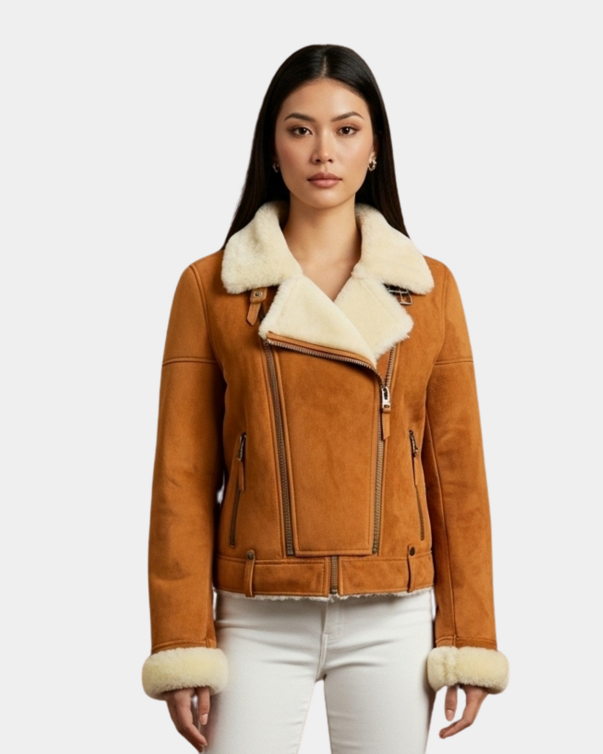 Women’s Sheepskin Aviator Pilot Jacket Dynamo Tan White