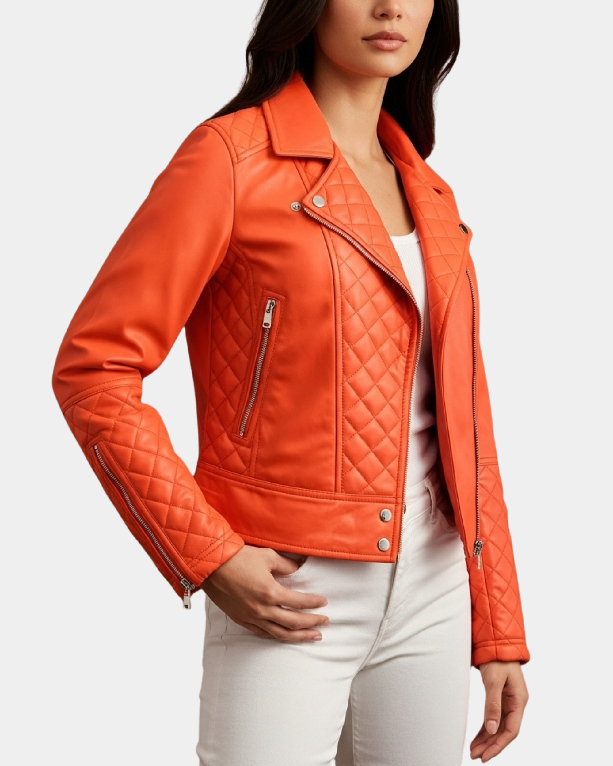 Women's Leather Biker Jacket with Quilt Detail Blissful Orange