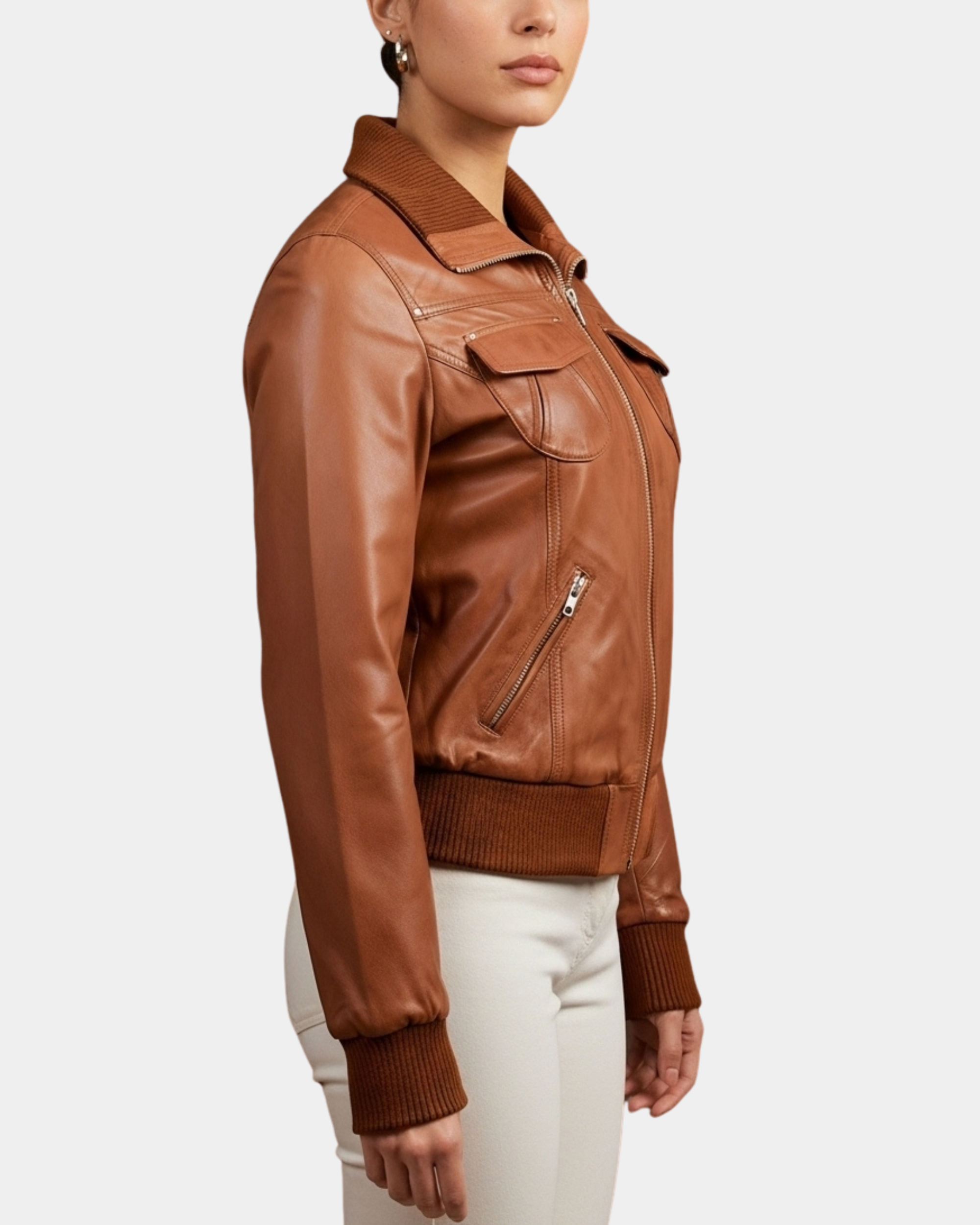 Women's Leather Classic Bomber Jacket Motto Dynamo Tan