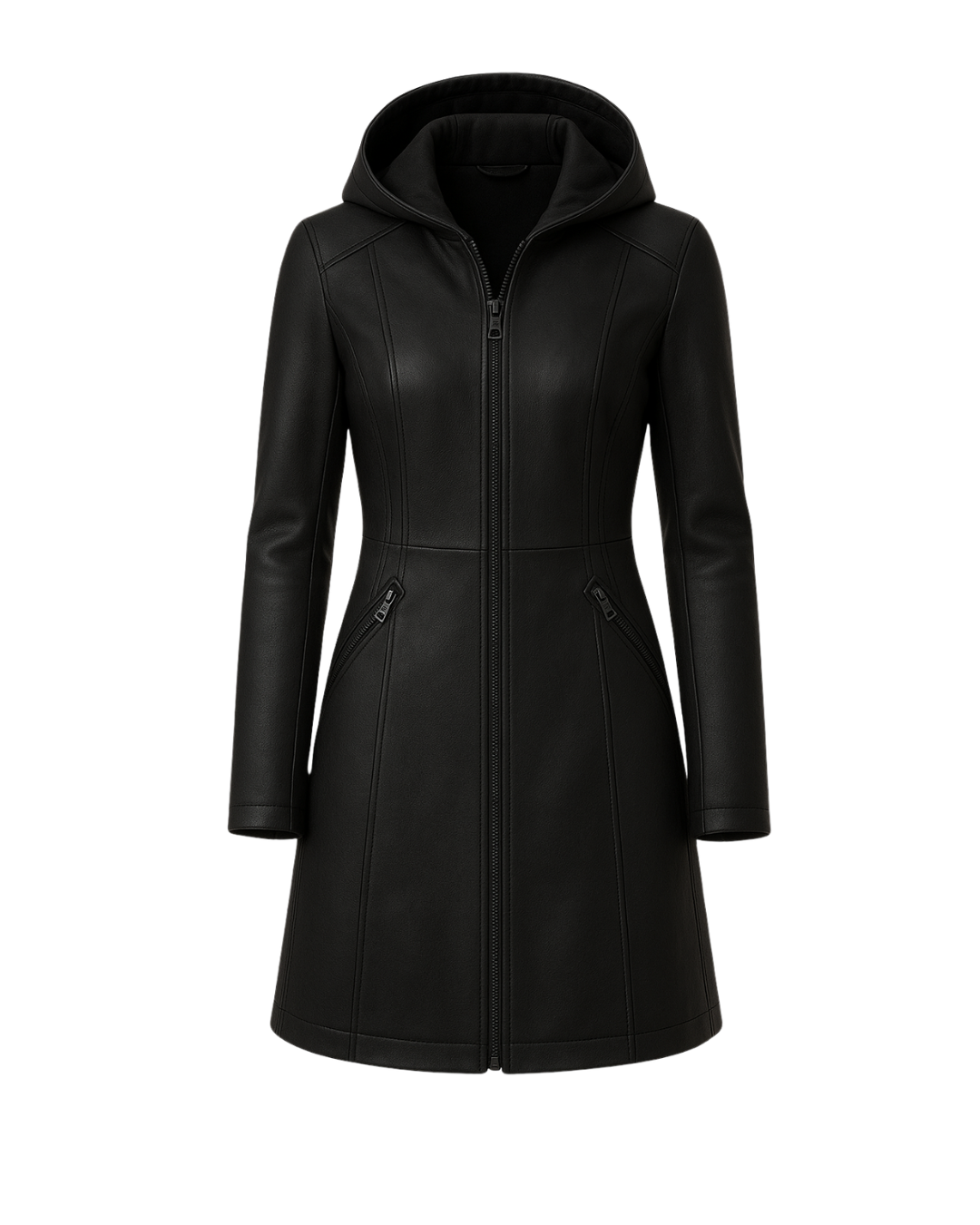 Noir Harbor Detachable Hood Leather Coat Black