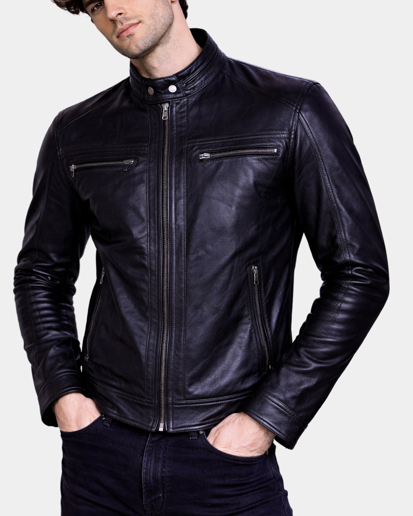 Mens Leather Cafe Racer Biker Jacket Charlie Black