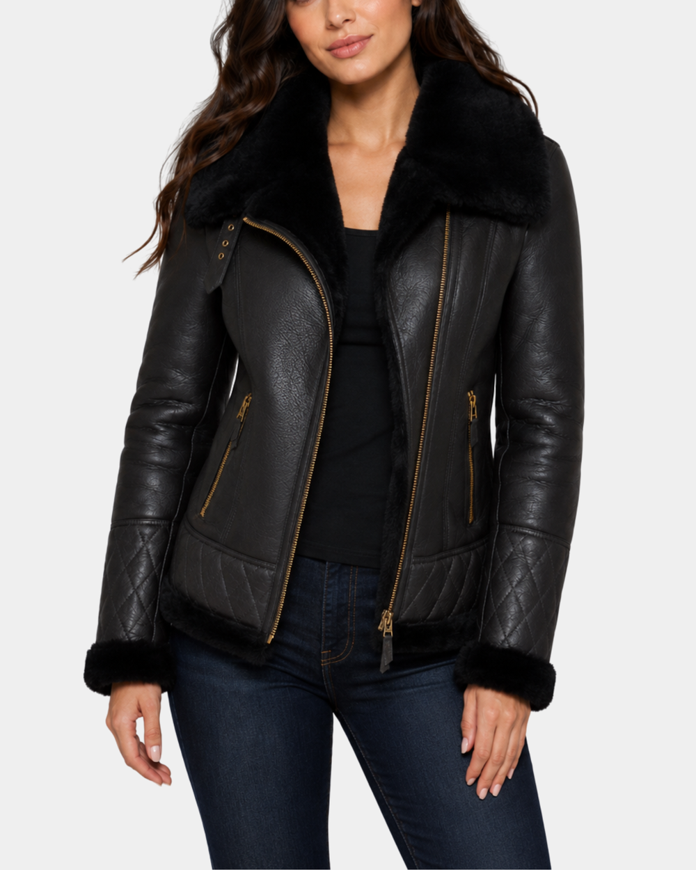 Women's Merino Sheepskin Aviator Jacket Nova Black - front view close up