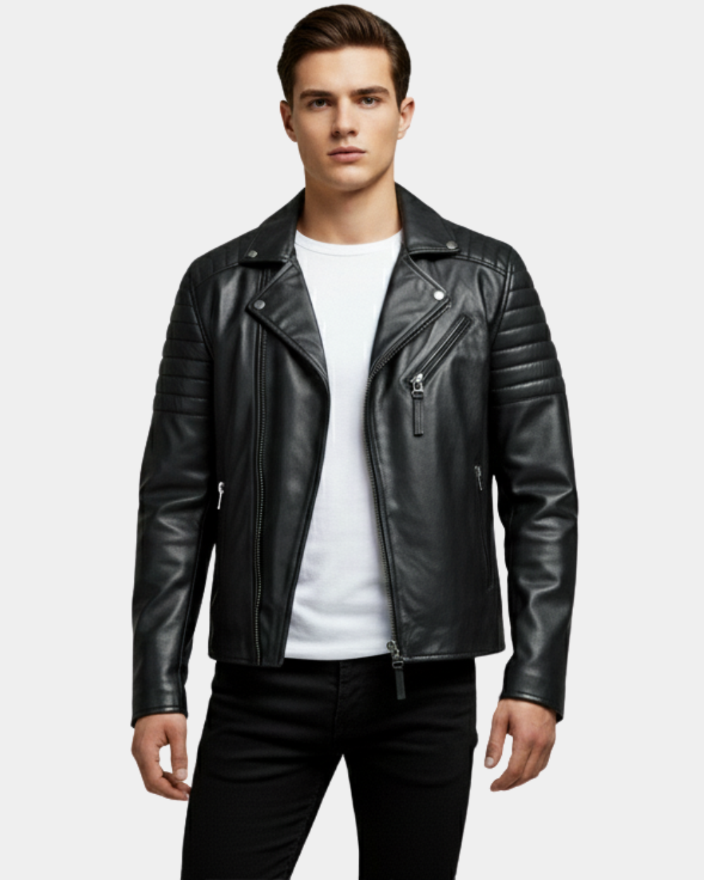 Men’s Biker Leather Jacket with Single Zip Hook  Nova Black