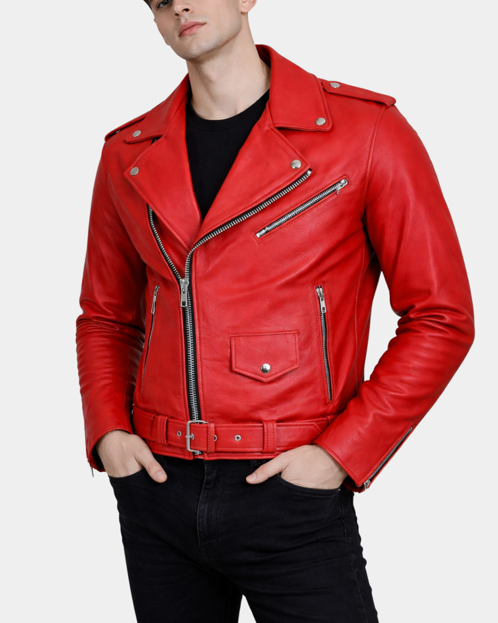 Men's Heavy Duty Leather Biker Brando Jacket Ignite Red