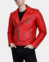 Men's Heavy Duty Leather Biker Brando Jacket Ignite Red