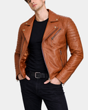 Mens Biker Leather Jacket Dual Zip Hook Dynamo Tan – product view 1