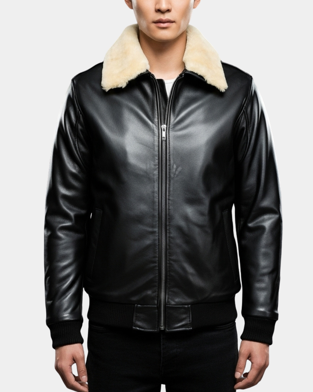Men's Bomber Leather Jacket with Sheepskin Collar Viggo Nova Black