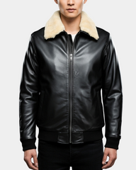 Men's Bomber Leather Jacket with Sheepskin Collar Viggo Nova Black